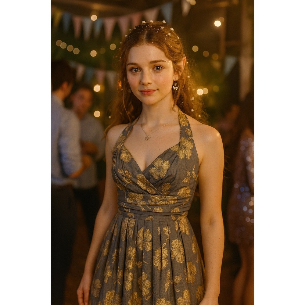 New Year's Eve Party Fairy Y2K Babydoll‎ Bow Gray Gold Foil Halter Midi L Dress